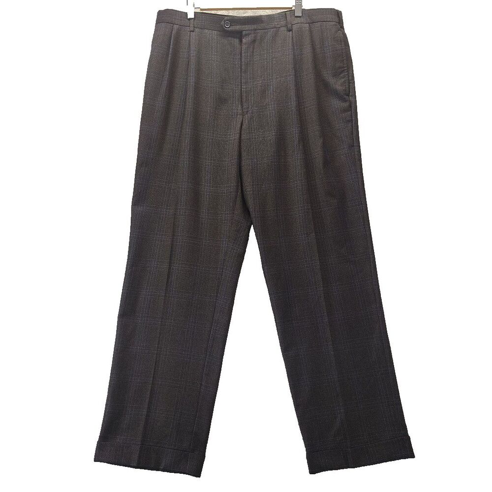 Jos A Bank Mens 40x32 Gray Blue Plaid Signature Wool Pleated Cuffed Dress Pants
